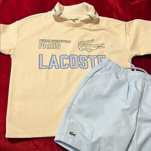 Lacoste Cream Top with Light Blue Logo and Light Blue Shorts